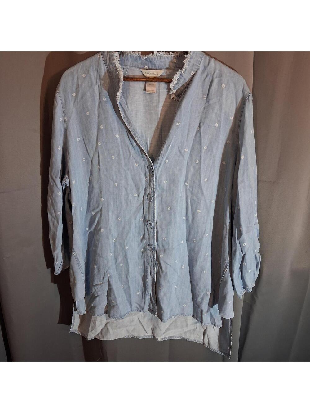 Multiples Light Blue Button-Up Shirt with White Embroidered Detail